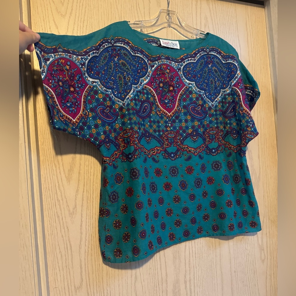 Vintage 80s Land N Sea Teal Paisley Boho Print Short Sleeve Blouse